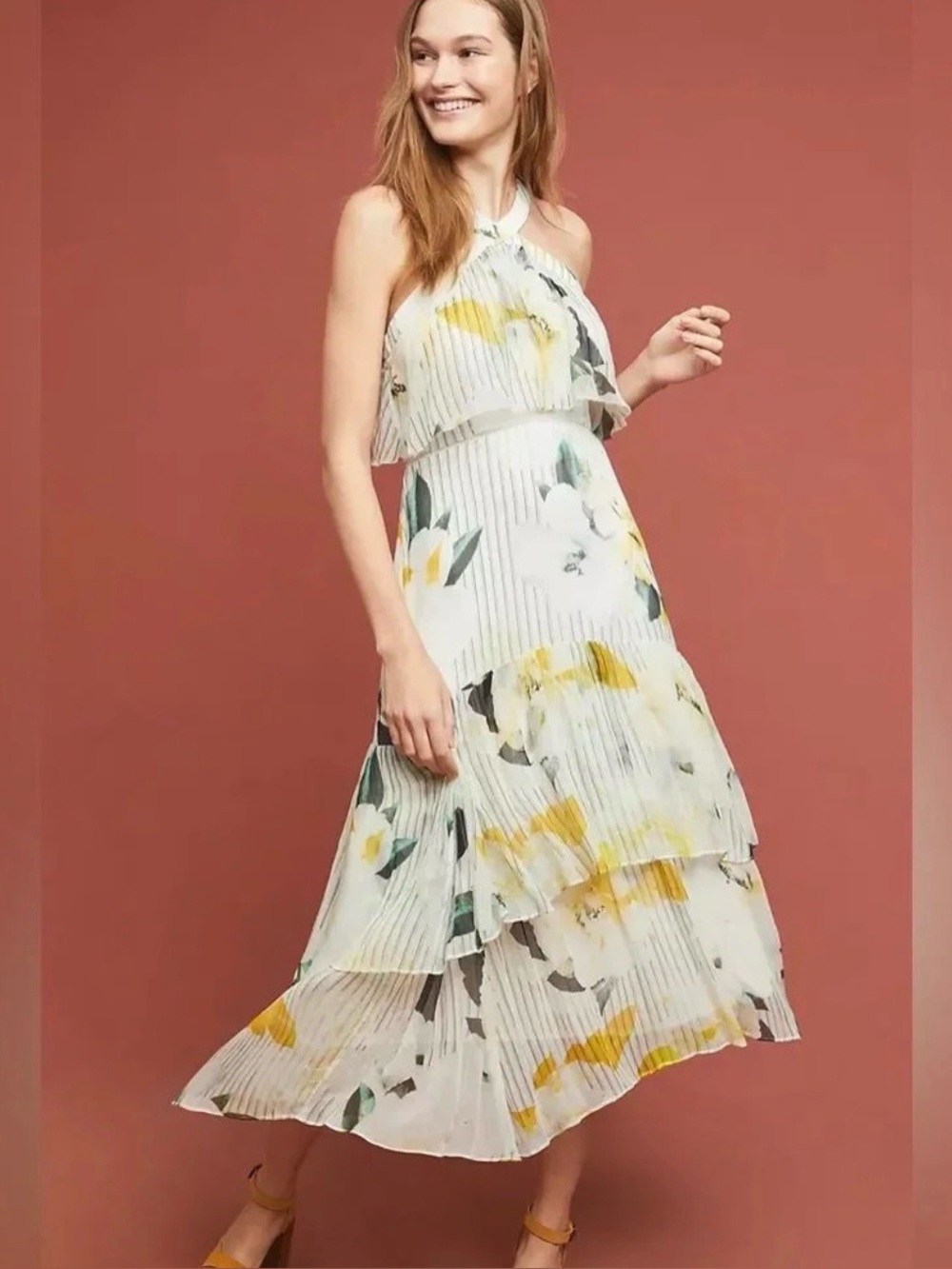 Antrhopologie Garden Party Dress / Tiered Halter Floral Maxi Dress